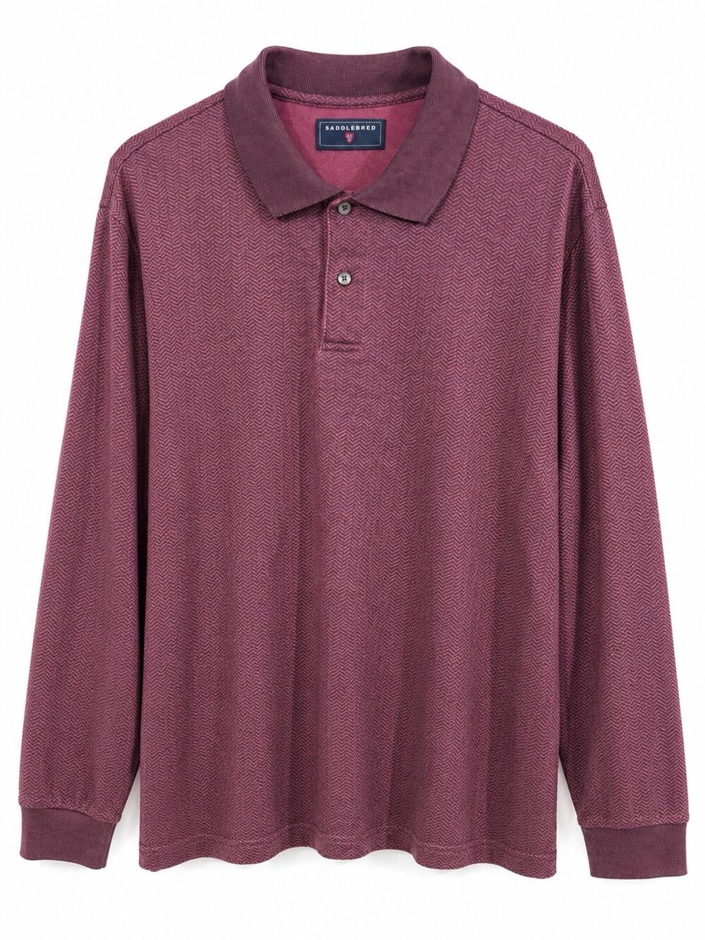 Saddlebred Men’s Large Burgundy Long Sleeve Polo Shirt Herringbone Pattern
